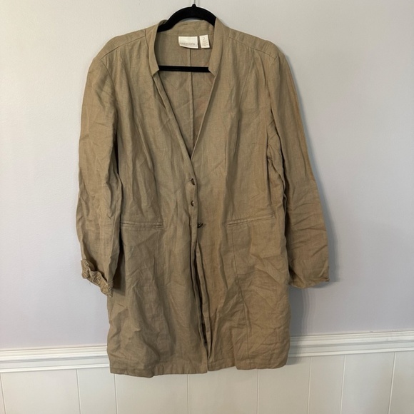 Chico’s Women’s Long Sleeve with Lace Tan Button Front Linen Jacket Sz 2, L GUC - Picture 2 of 8